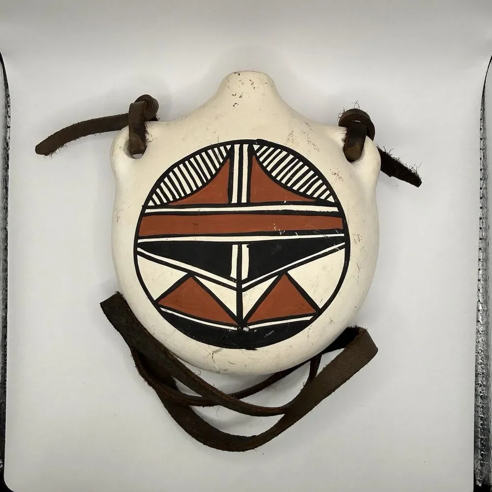 Vtg Southwestern Pueblo Style Studio Pottery Canteen Hand Painted Leather Strap